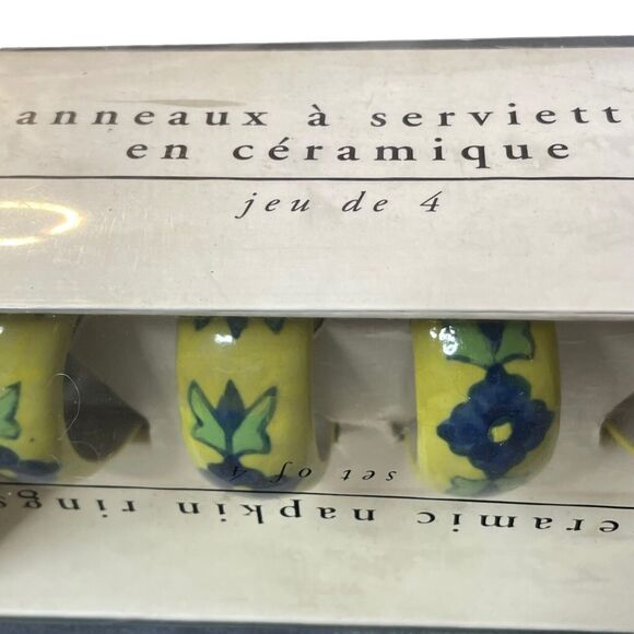 Pier 1 Imports Napkin Rings Flowers India Ceramic Set x4 Housewarming Yellow NEW - Picture 4 of 6